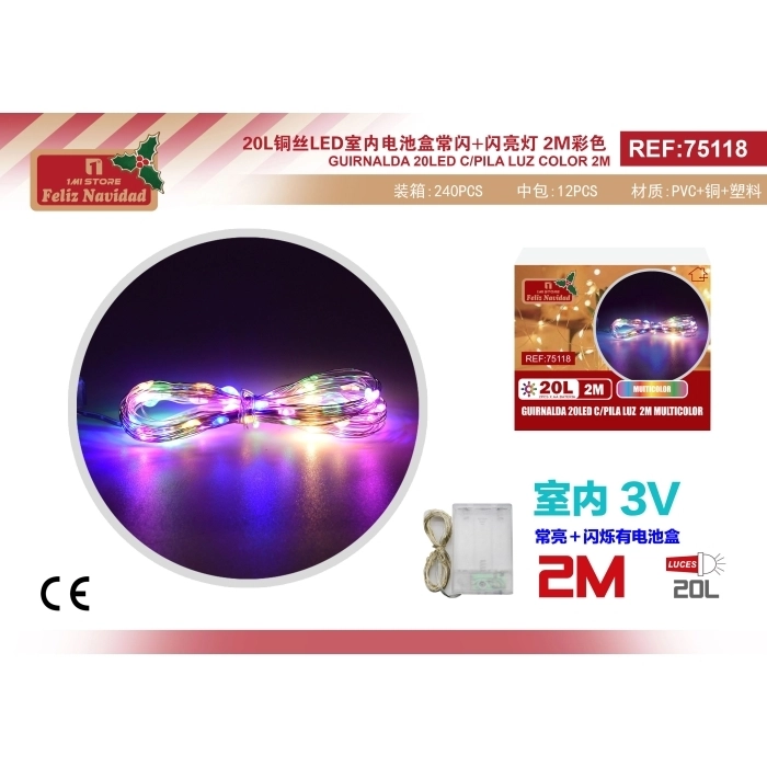 GUIRNALDA 20LED C/PILA LUZ  2M MULTICOLOR