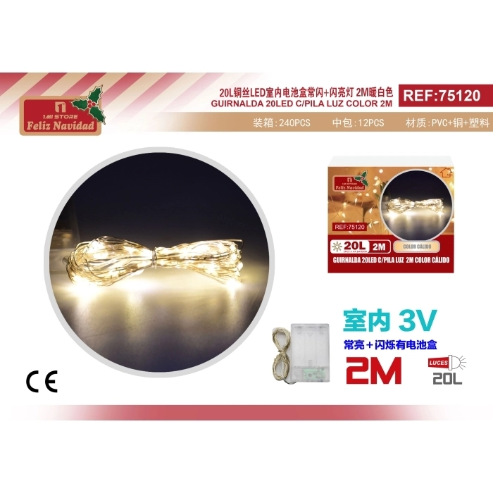 GUIRNALDA 20LED C/PILA LUZ  2M COLOR CÁLIDO