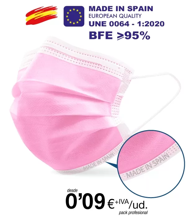 Mascarillas Higienicas tres Capas Rosa Claro BFE 95% Alta Calidad Mascarillas Higienicas tres Capas Rosa Claro BFE 95% Alta Calidad