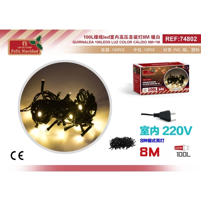 GUIRNALDA 100LEDS LUZ COLOR CÁLIDO 8M+1M
